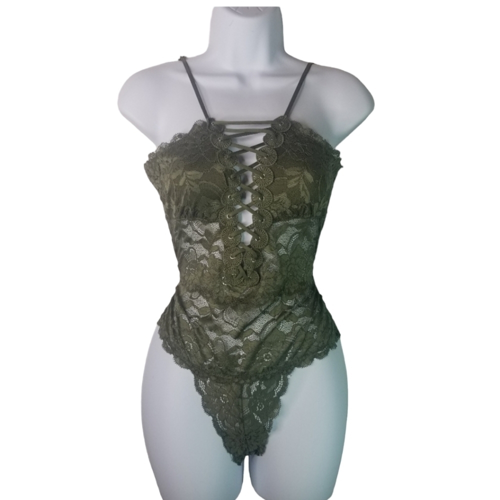 Guess khaki green lace up thong teddy bodysuit